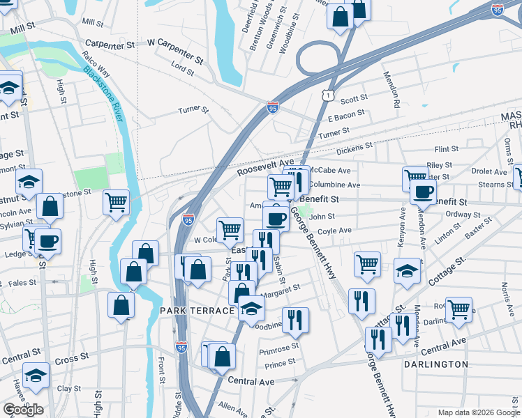 map of restaurants, bars, coffee shops, grocery stores, and more near 62 Appleton Avenue in Pawtucket