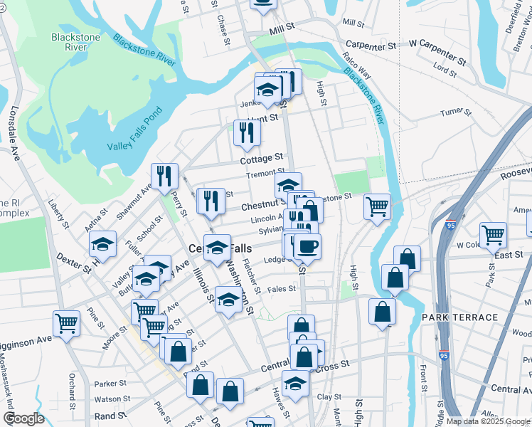 map of restaurants, bars, coffee shops, grocery stores, and more near 65 Lincoln Avenue in Central Falls