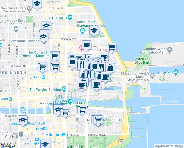 map of restaurants, bars, coffee shops, grocery stores, and more near in Chicago