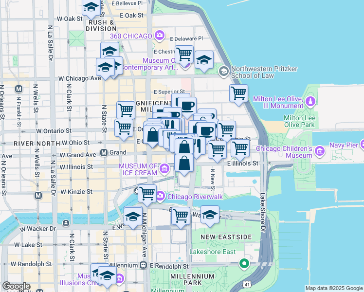 map of restaurants, bars, coffee shops, grocery stores, and more near 255 East Grand Avenue in Chicago