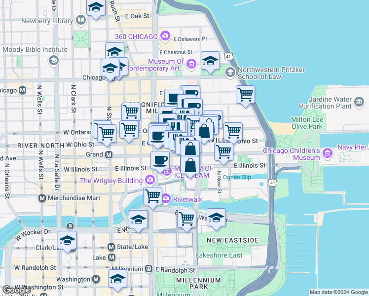 map of restaurants, bars, coffee shops, grocery stores, and more near 255 East Grand Avenue in Chicago
