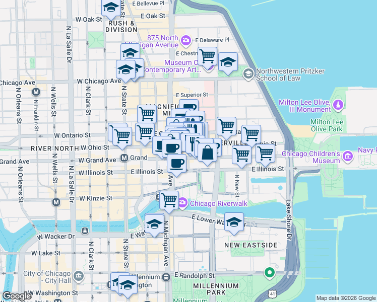 map of restaurants, bars, coffee shops, grocery stores, and more near 535 North Saint Clair Street in Chicago