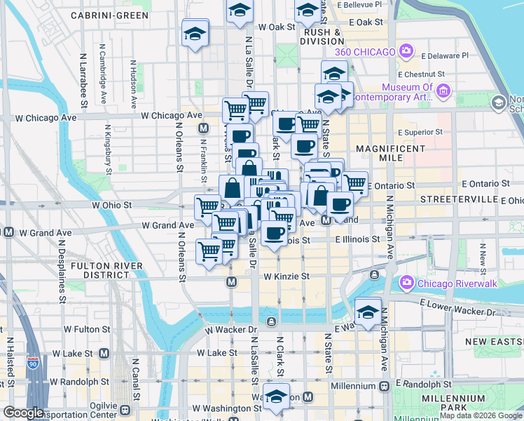 map of restaurants, bars, coffee shops, grocery stores, and more near 536 North Clark Street in Chicago