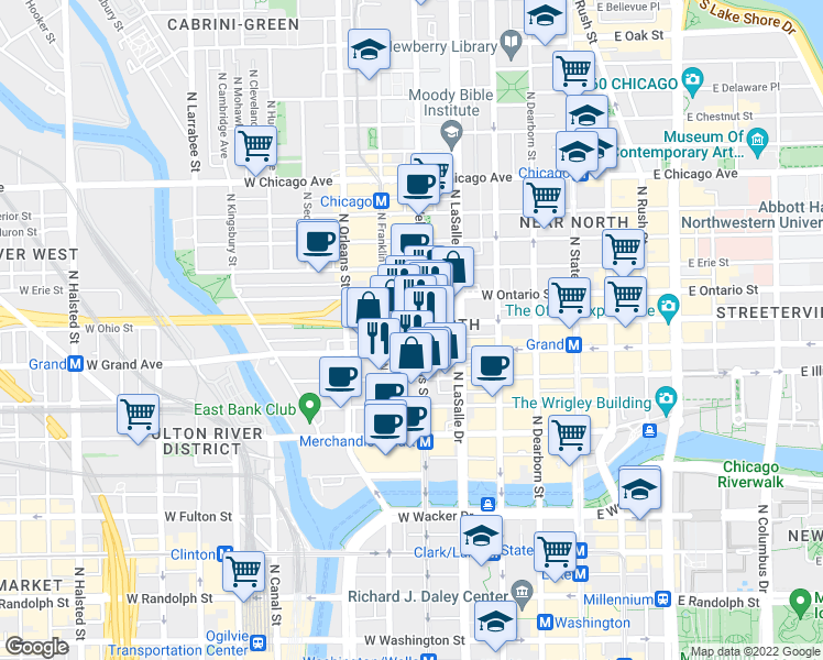 map of restaurants, bars, coffee shops, grocery stores, and more near in Chicago