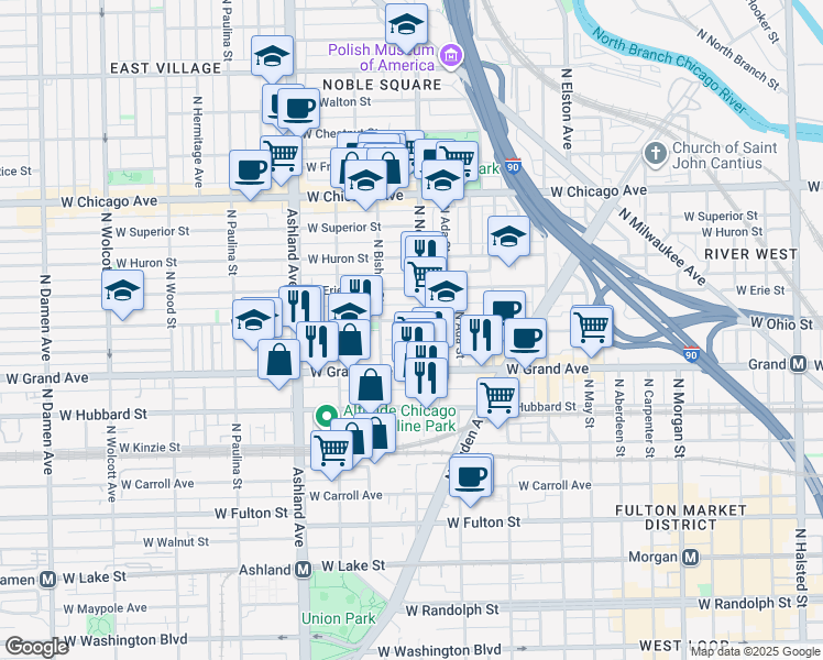 map of restaurants, bars, coffee shops, grocery stores, and more near 1417 West Ohio Street in Chicago