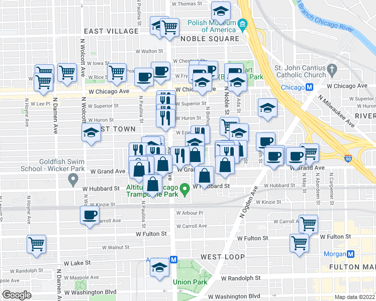 map of restaurants, bars, coffee shops, grocery stores, and more near 530 North Armour Street in Chicago