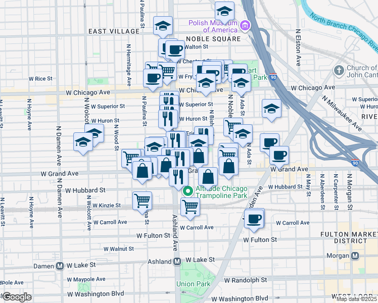 map of restaurants, bars, coffee shops, grocery stores, and more near 530 North Armour Street in Chicago
