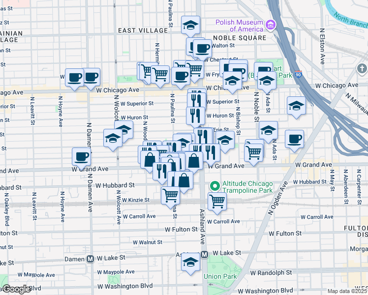 map of restaurants, bars, coffee shops, grocery stores, and more near 1647 West Ohio Street in Chicago