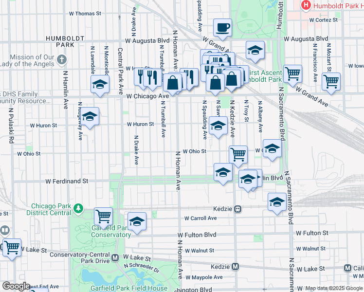 map of restaurants, bars, coffee shops, grocery stores, and more near 601 North Homan Avenue in Chicago