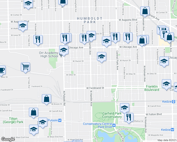map of restaurants, bars, coffee shops, grocery stores, and more near 3806 West Ohio Street in Chicago