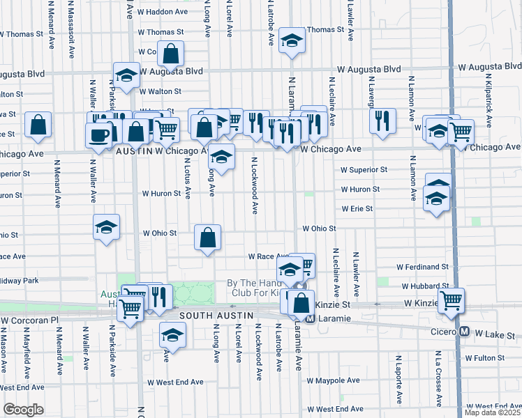 map of restaurants, bars, coffee shops, grocery stores, and more near 627 North Lockwood Avenue in Chicago