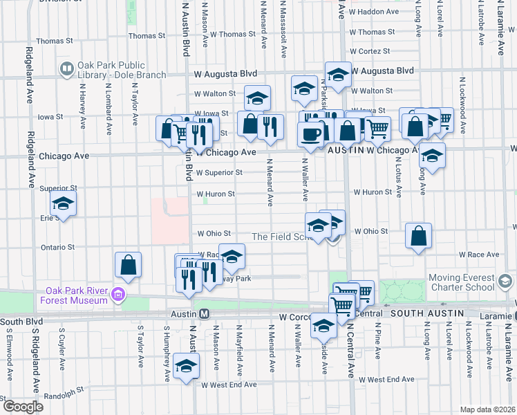 map of restaurants, bars, coffee shops, grocery stores, and more near 5820 West Erie Street in Chicago