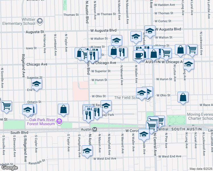 map of restaurants, bars, coffee shops, grocery stores, and more near 5906 West Erie Street in Chicago