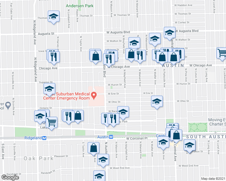 map of restaurants, bars, coffee shops, grocery stores, and more near 5940 West Erie Street in Chicago