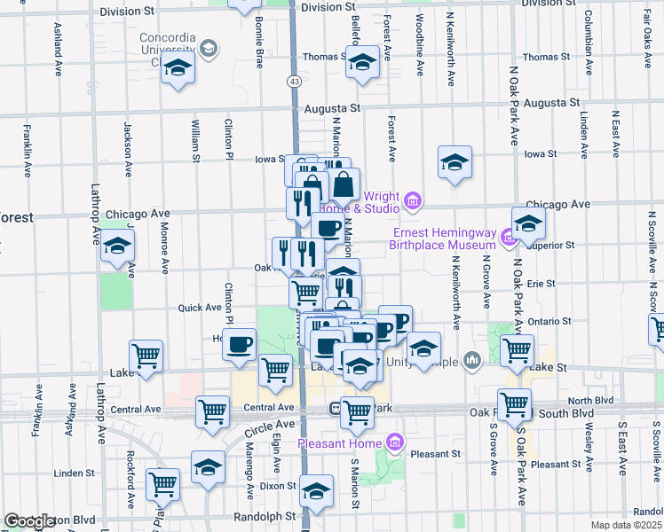 map of restaurants, bars, coffee shops, grocery stores, and more near 303 North Maple Avenue in Oak Park