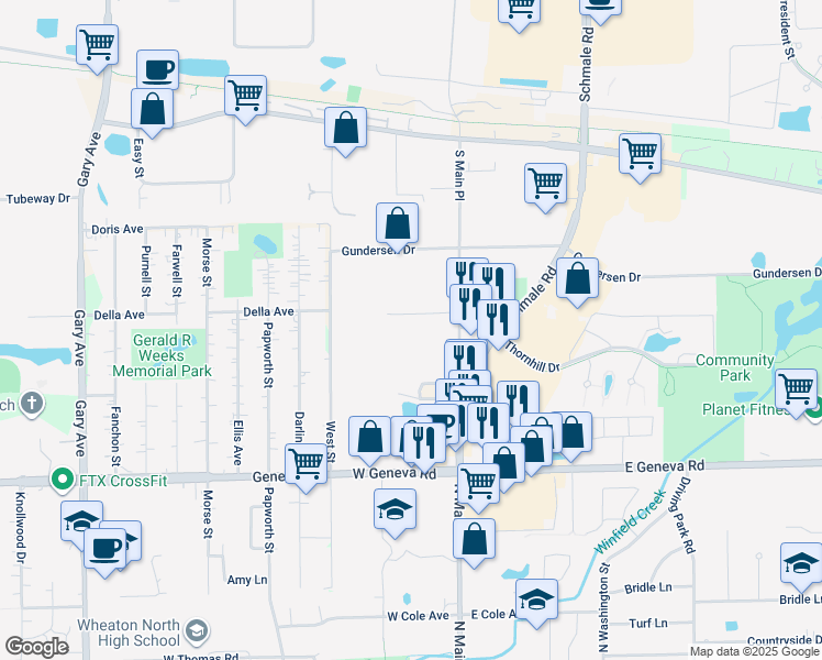map of restaurants, bars, coffee shops, grocery stores, and more near 392 Executive Drive in Carol Stream