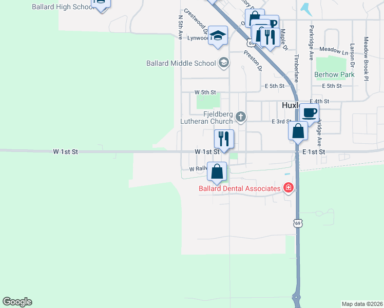 map of restaurants, bars, coffee shops, grocery stores, and more near 107 South 4th Avenue in Huxley