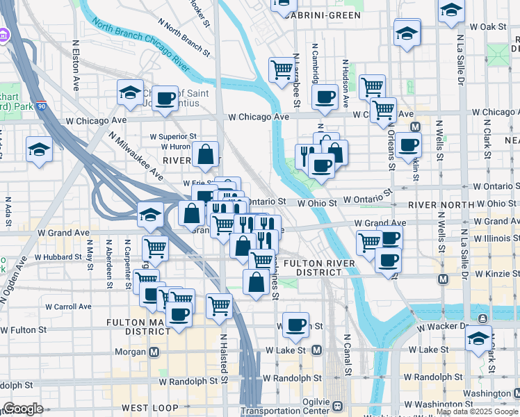map of restaurants, bars, coffee shops, grocery stores, and more near 661 West Ohio Street in Chicago