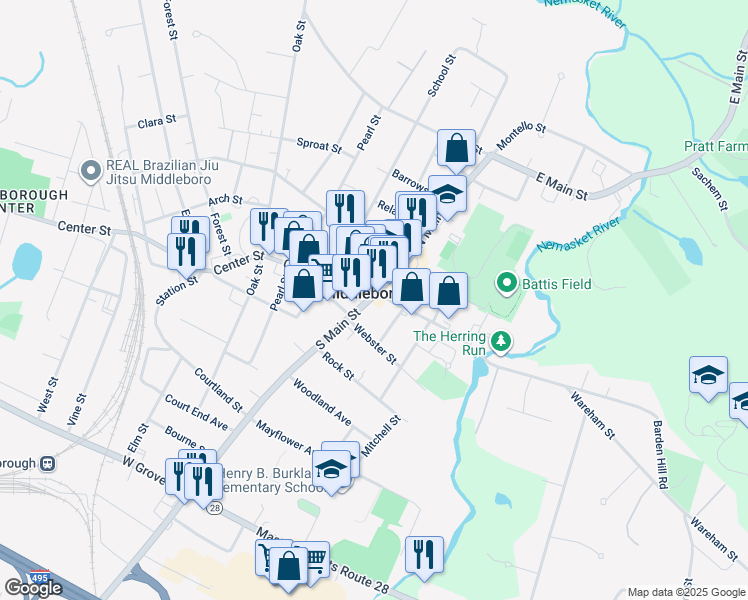 map of restaurants, bars, coffee shops, grocery stores, and more near 8 South Main Street in Middleborough