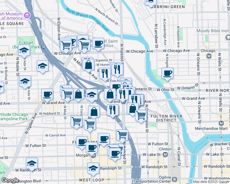 map of restaurants, bars, coffee shops, grocery stores, and more near 617 North Green Street in Chicago