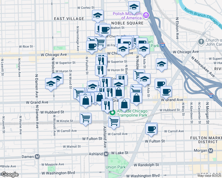 map of restaurants, bars, coffee shops, grocery stores, and more near 1517 West Ohio Street in Chicago