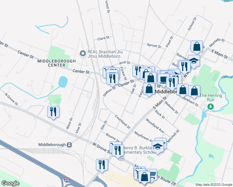 map of restaurants, bars, coffee shops, grocery stores, and more near 8 Station Street in Middleborough