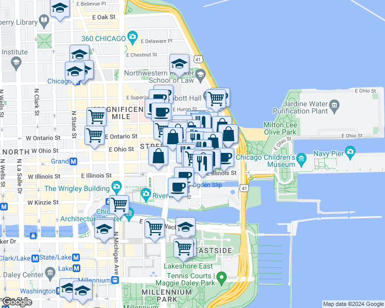 map of restaurants, bars, coffee shops, grocery stores, and more near 342 East Illinois Street in Chicago