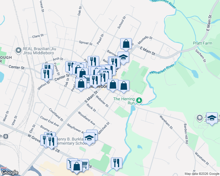 map of restaurants, bars, coffee shops, grocery stores, and more near 12 Wareham Street in Middleborough