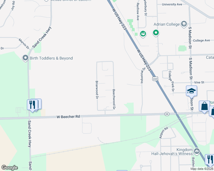 map of restaurants, bars, coffee shops, grocery stores, and more near 1545 Redwood Court in Adrian