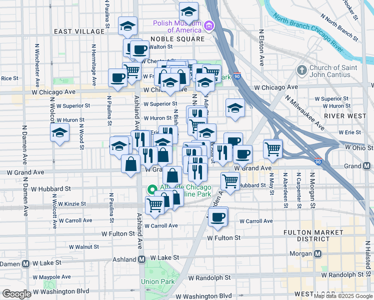 map of restaurants, bars, coffee shops, grocery stores, and more near 1417 West Ohio Street in Chicago