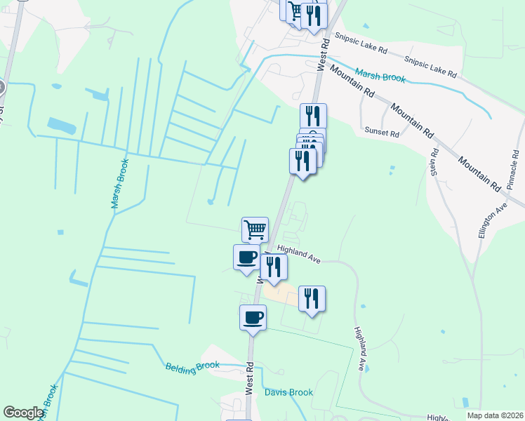 map of restaurants, bars, coffee shops, grocery stores, and more near 166 West Road in Ellington