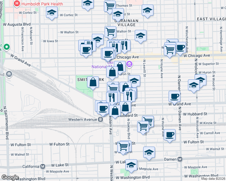 map of restaurants, bars, coffee shops, grocery stores, and more near 2350 West Ohio Street in Chicago