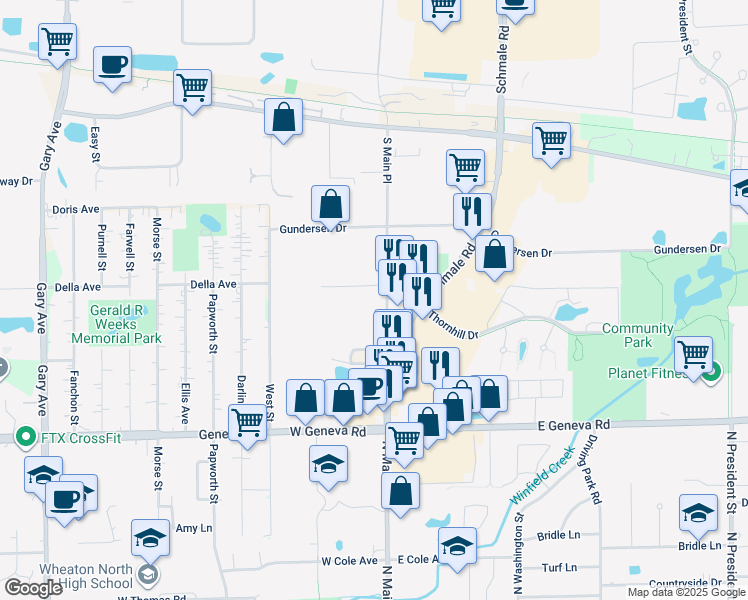 map of restaurants, bars, coffee shops, grocery stores, and more near 400 South Main Place in Carol Stream