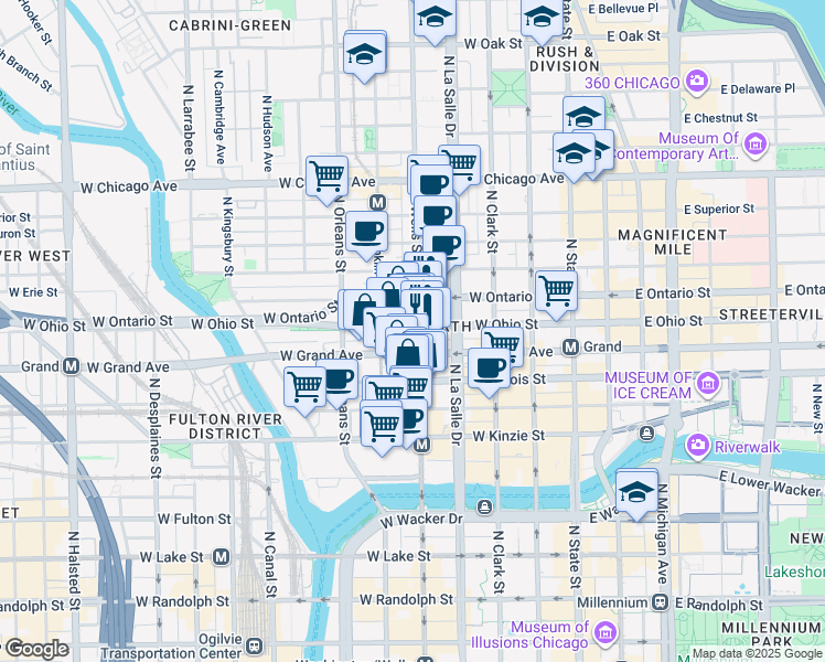 map of restaurants, bars, coffee shops, grocery stores, and more near 548 North Wells Street in Chicago