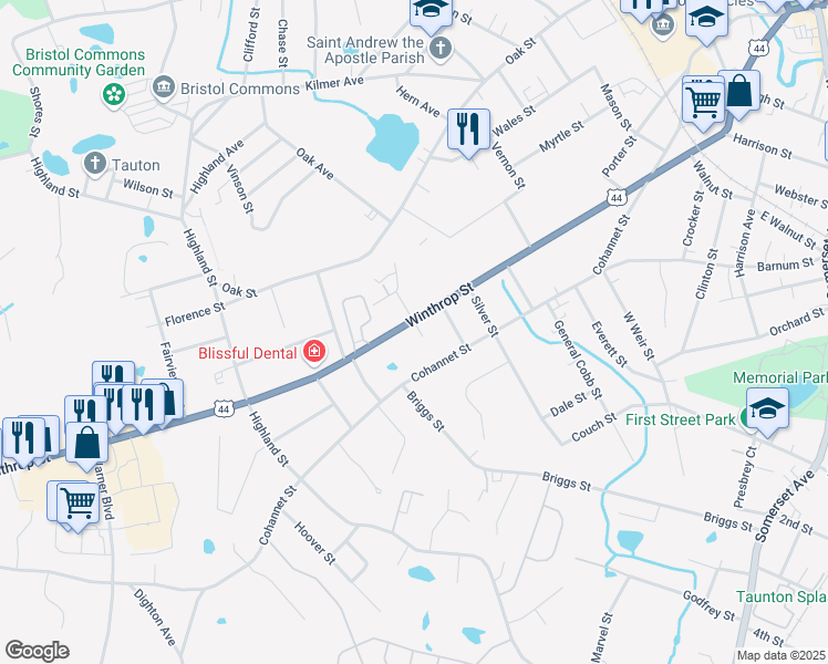 map of restaurants, bars, coffee shops, grocery stores, and more near 188 Winthrop Street in Taunton