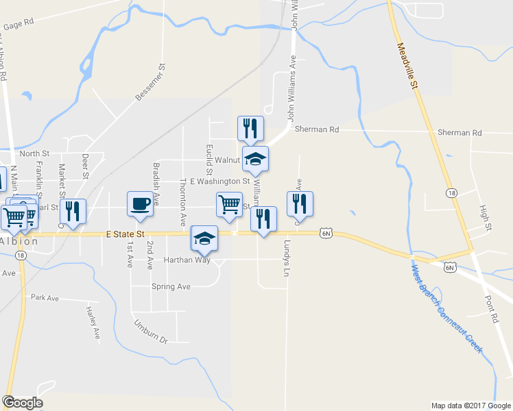 map of restaurants, bars, coffee shops, grocery stores, and more near 10300 John Williams Avenue in Albion