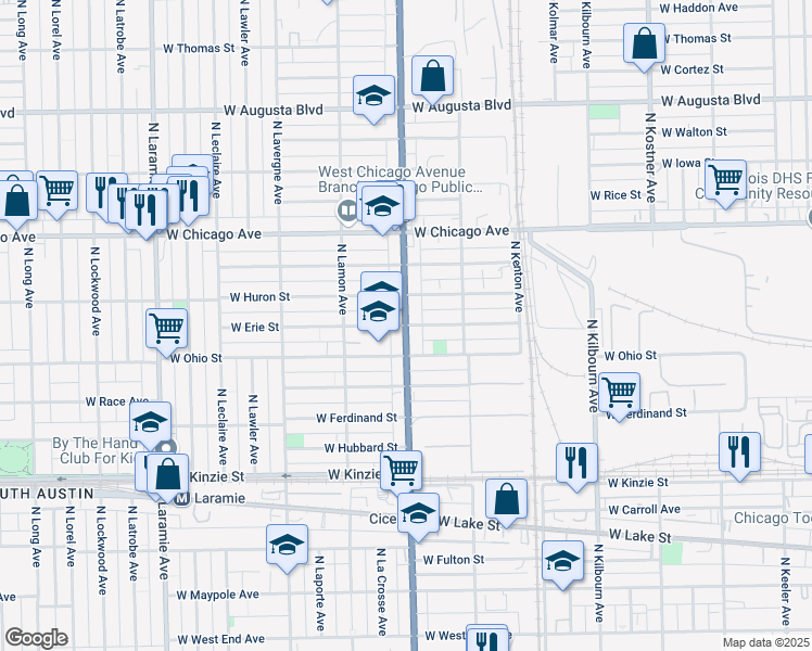 map of restaurants, bars, coffee shops, grocery stores, and more near N Cicero Ave & W Erie St in Chicago