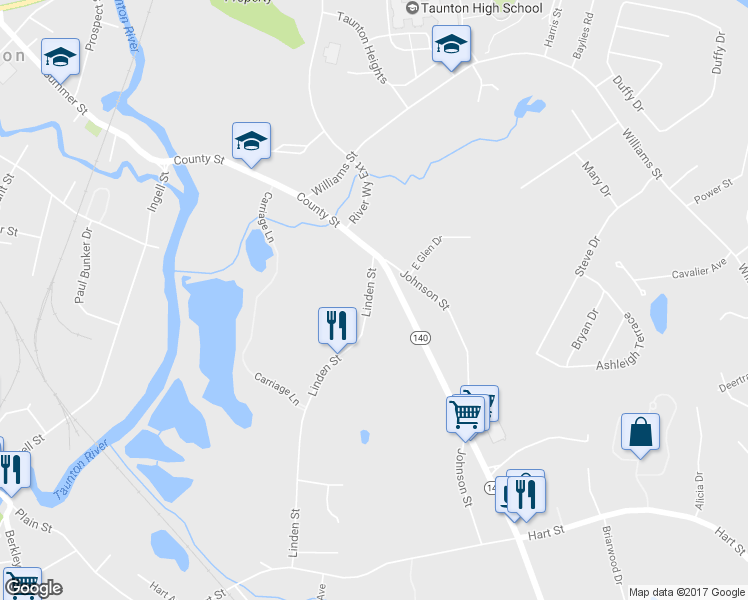 map of restaurants, bars, coffee shops, grocery stores, and more near 12 Linden Street in Taunton