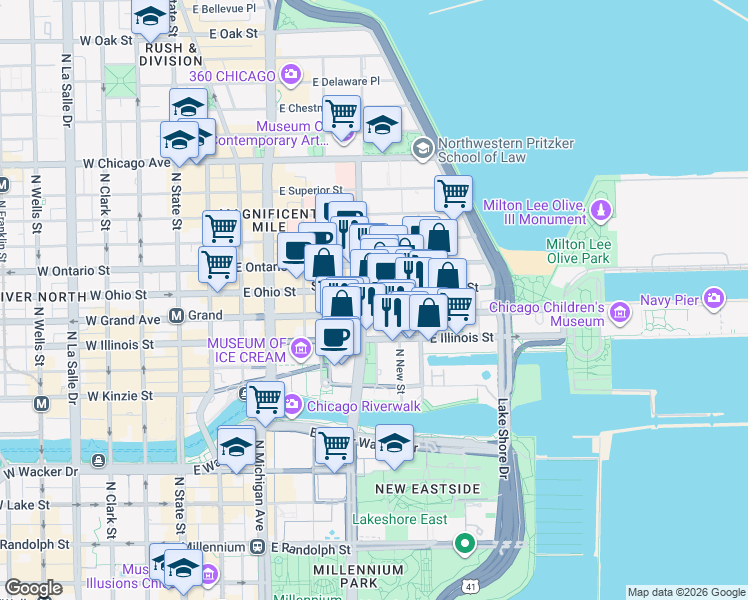 map of restaurants, bars, coffee shops, grocery stores, and more near 305 East Ohio Street in Chicago