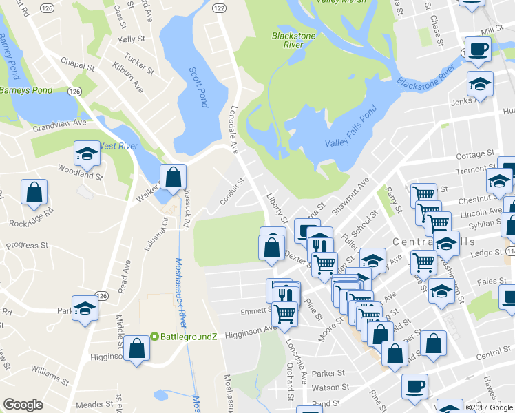 map of restaurants, bars, coffee shops, grocery stores, and more near 1044 Lonsdale Avenue in Central Falls