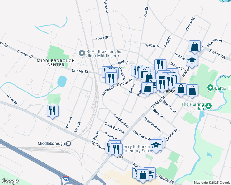 map of restaurants, bars, coffee shops, grocery stores, and more near 8 Station Street in Middleborough