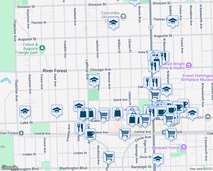 map of restaurants, bars, coffee shops, grocery stores, and more near 633 Monroe Avenue in River Forest