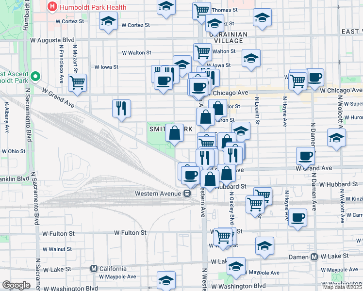 map of restaurants, bars, coffee shops, grocery stores, and more near 2446 West Ohio Street in Chicago