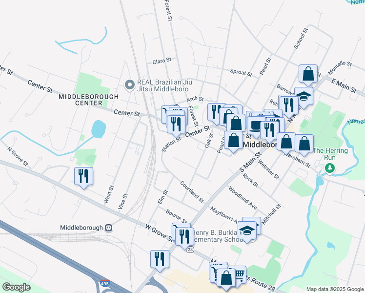 map of restaurants, bars, coffee shops, grocery stores, and more near 8 Station Street in Middleborough