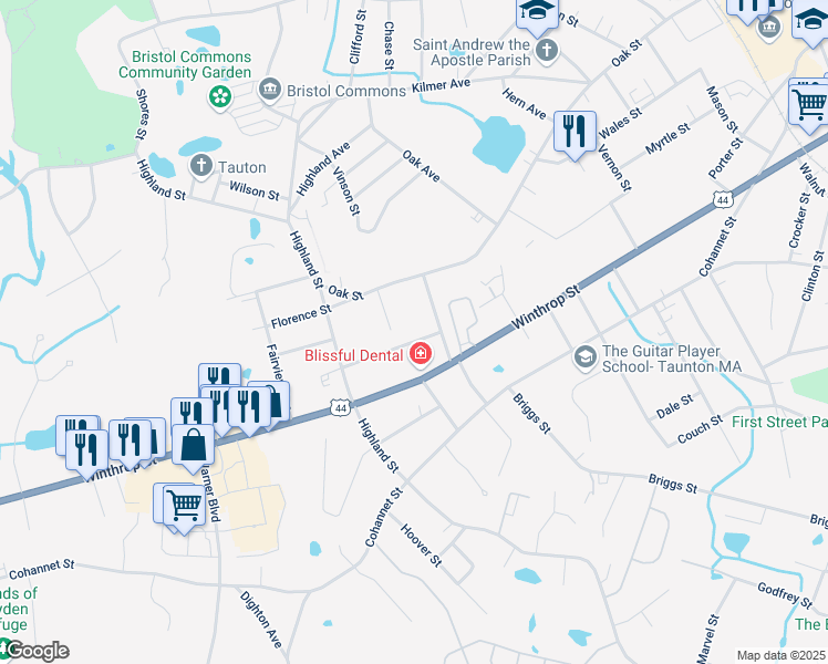 map of restaurants, bars, coffee shops, grocery stores, and more near 6 1/2 Whitehill Street in Taunton