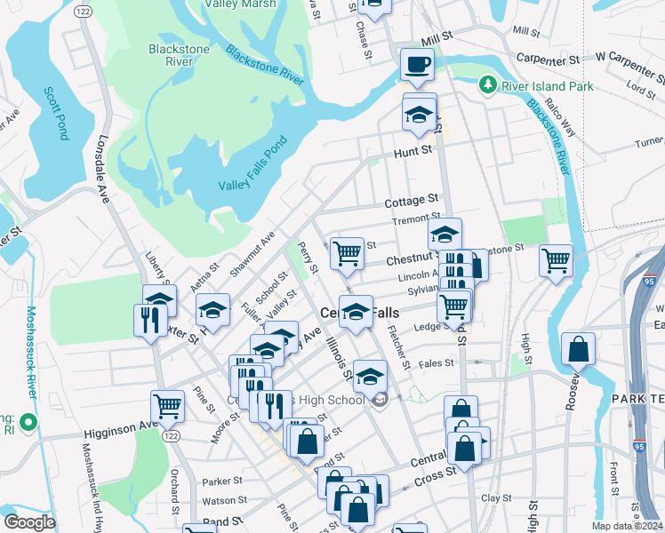map of restaurants, bars, coffee shops, grocery stores, and more near 119 Perry Street in Central Falls