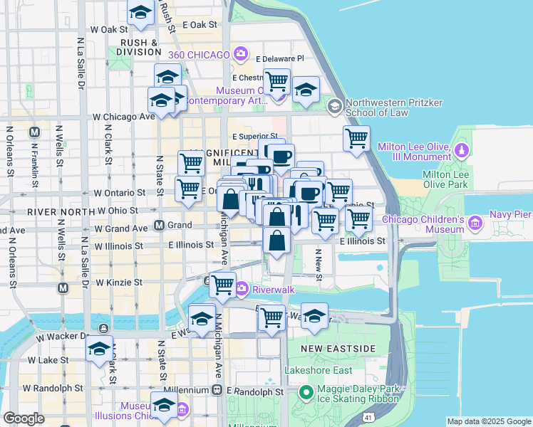 map of restaurants, bars, coffee shops, grocery stores, and more near 255 East Grand Avenue in Chicago