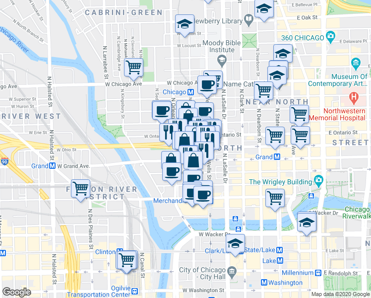 map of restaurants, bars, coffee shops, grocery stores, and more near 310 West Ohio Street in Chicago
