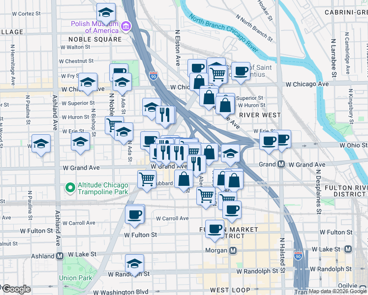 map of restaurants, bars, coffee shops, grocery stores, and more near 1123 West Ohio Street in Chicago