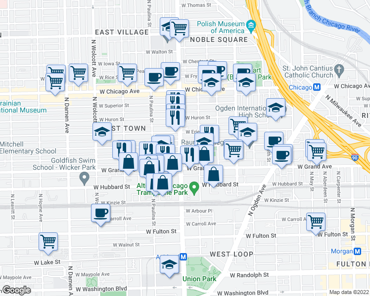 map of restaurants, bars, coffee shops, grocery stores, and more near 532 North Ashland Avenue in Chicago